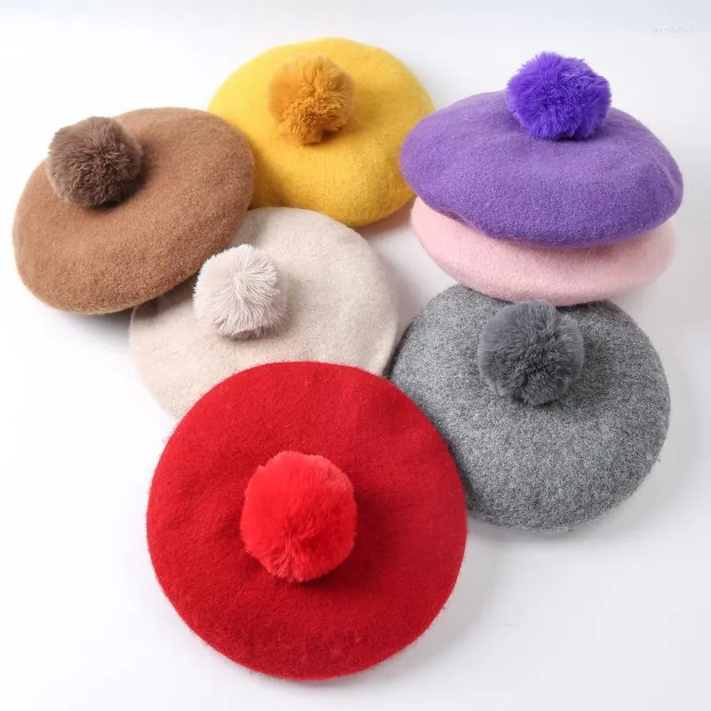 Basker barn pompoms basker hatt fast färg åttonal cap flickor vinter ull målare hattar i 3-6 år barnberets wend22