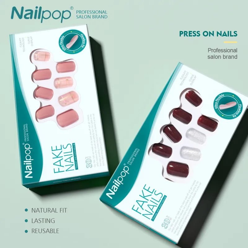 NailPop 30pcs Box Tryck på falska naglar med mönster Kort falsk inställd konstgjord återanvändbar fullt omslag bärbara tips Manikyr 220716