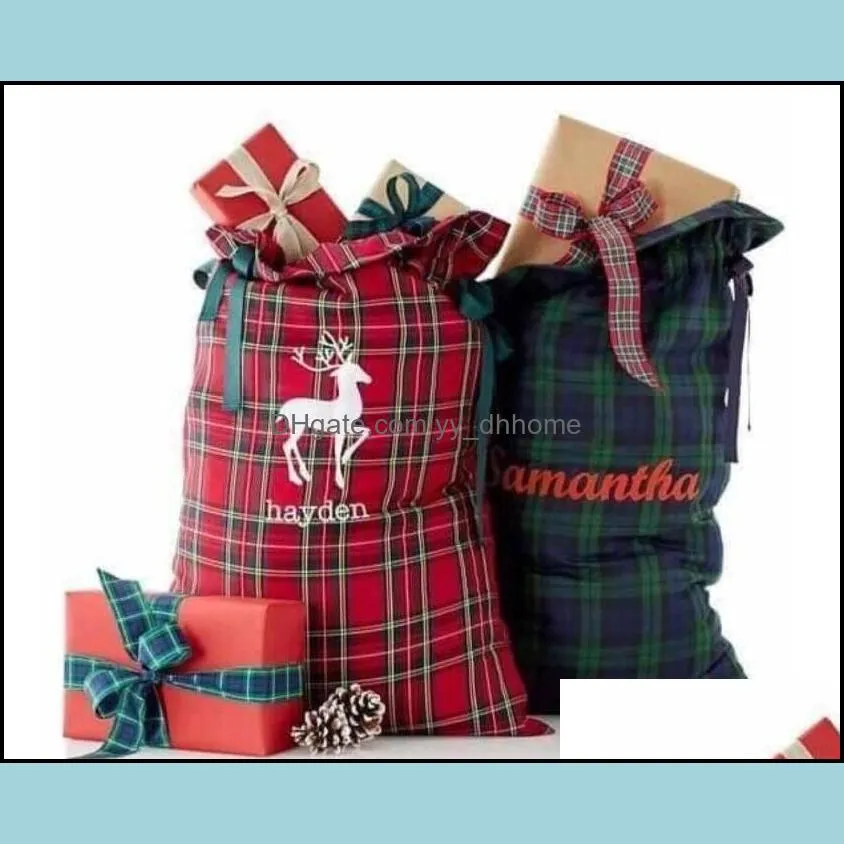 クリスマスデコレーションフェスティブパーティー用品ホームガーデン格子縞のドストリングギフトバッグサンタサックキッズキャンディーバッグ