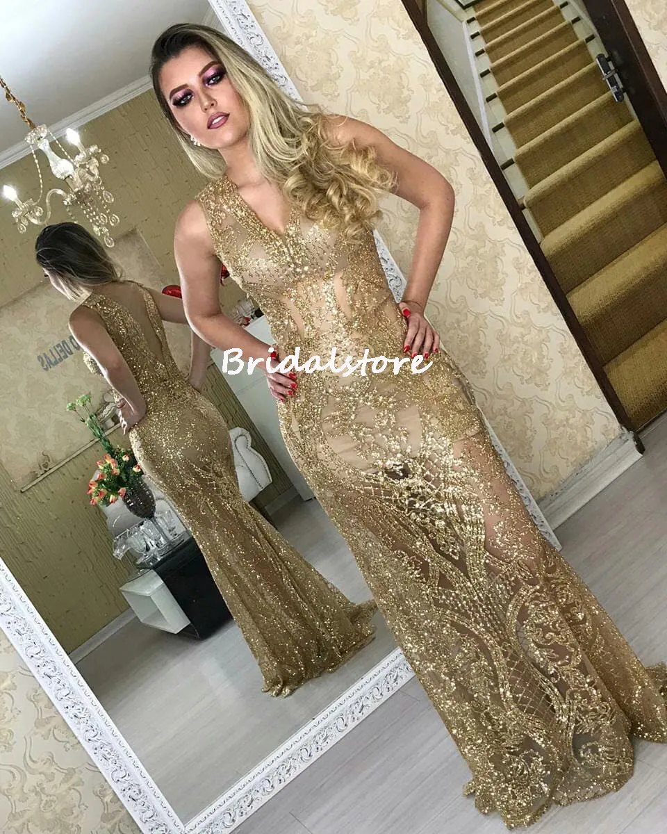 Shiny Gold Sequin Prom Dresses 2022 Sexy V Neck Sparkle Mermaid Evening Gowns Floor Length Backless Night Party Pageant Occasion Party Dress Robes De Soirée Femme