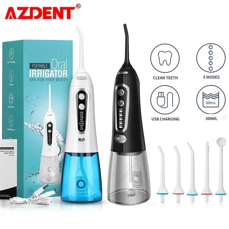 Azdent WF203 Portátil Irrigador Oral FLOSSOR Dental Diário Polha de dente Recarregável DIY sem fio 300 ml 5 Dicas de jato 220623