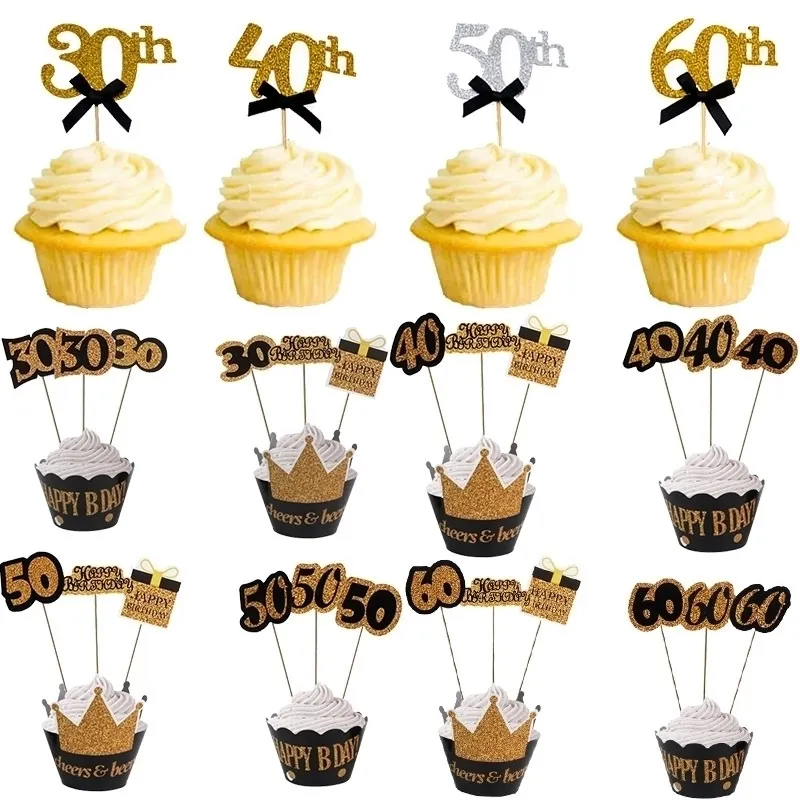 30 40 50 60 ans Cupcake Toppers fête d'anniversaire anniversaire adulte 30e 40e 50e 60e décorations de gâteau fournitures Y200618