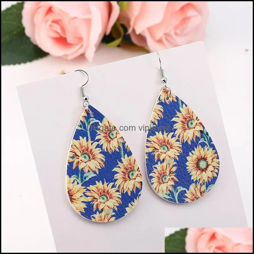 design sunflower printed pu leather earring bohemian dangle drop earrings colorful waterdrop ear lucky jewelry christmas wholesale -y