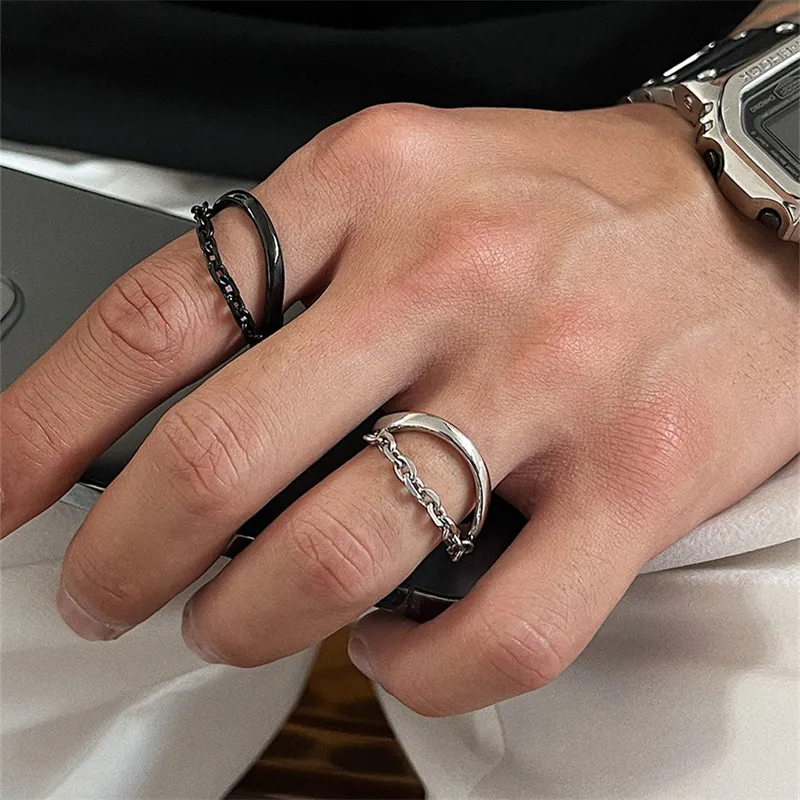 Original Design Simple Double Chain Ring Personality Ins Cold Wind Irregular Niche Black Fashion Street All-Match Jewelry
