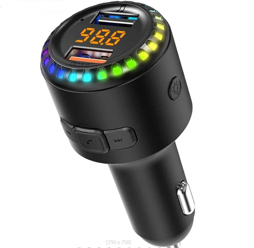 블루투스 5.0 EDR 자동차 FM 송신기 무선 핸즈프리 통화 MP3 플레이어 7 색 RGB 조명 2 USB 빠른 충전 자동차 액세서리