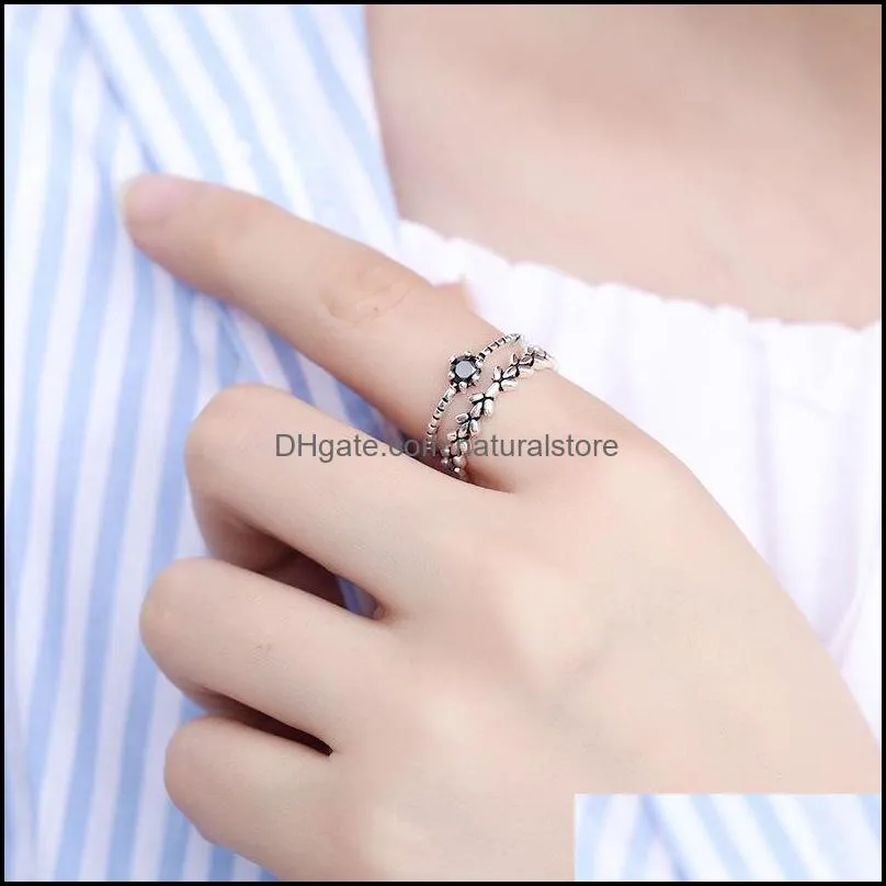 wholesale- 925 sterling silver rings for women obsidian leaf double layer thai silver opening index finger ring