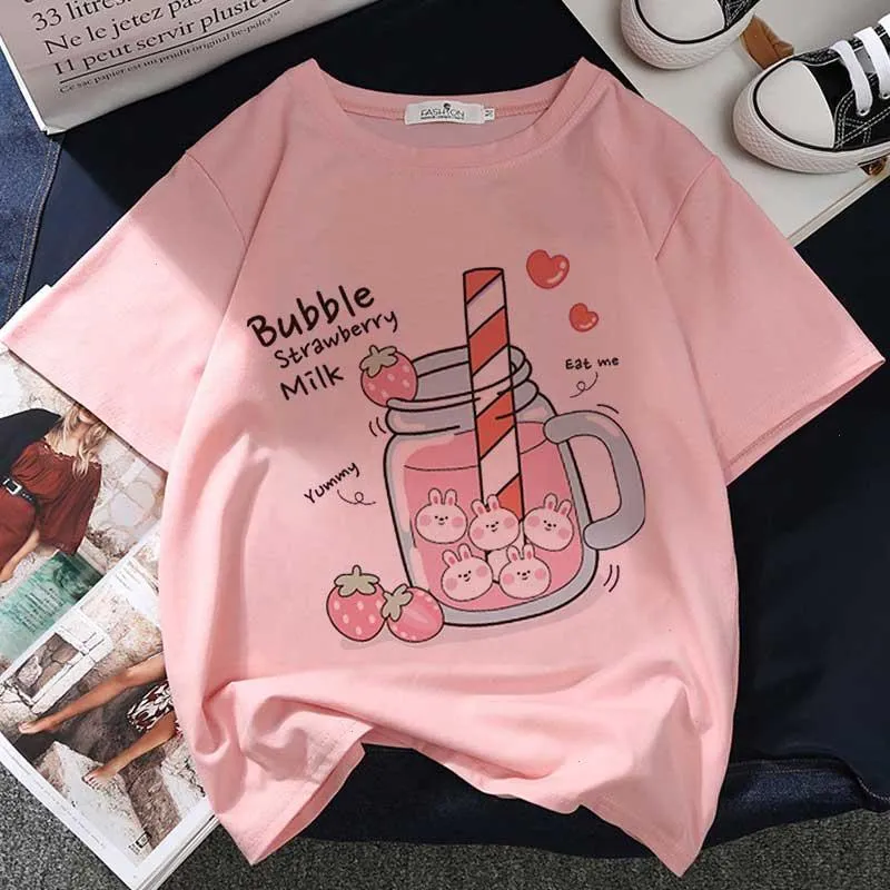Strawberry Juice Graphic Print Womens T-shirt Women Harajuku Aesthetic White Tops Summer Fashion Y2k Female T Shirt