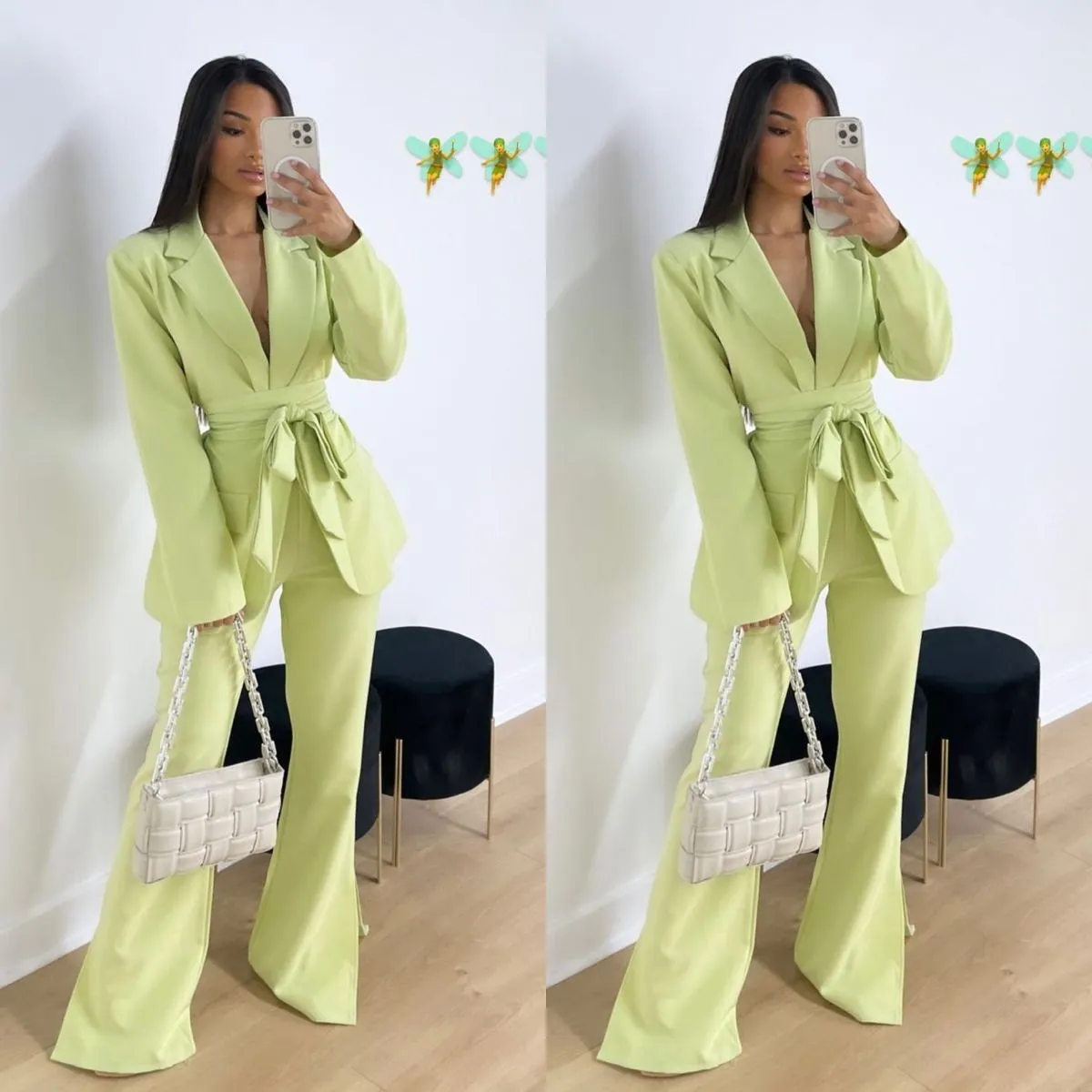 Fashion Green Women's Blazer Suits 2022 Elegant Bridesmaid Dress Long Sleeved Ladies Outfits with Belt Two Pieces Jacket Pants