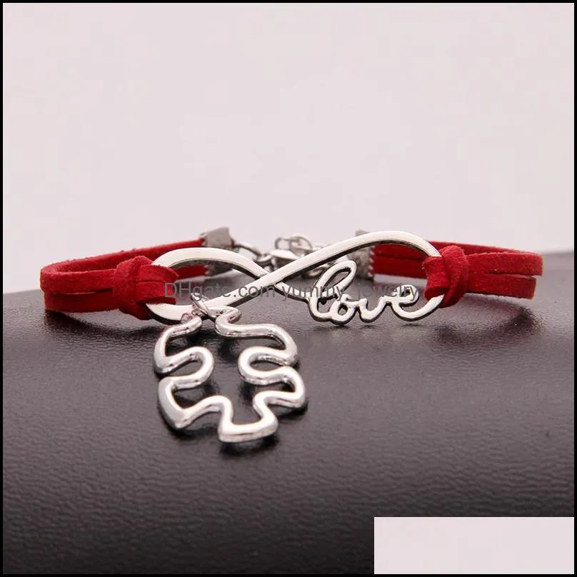 Autism Awareness Puzzle Piece Charm Bracelets infinity Love Wish velvet String Rope Wrap Bangle For women Men Fashion Friendship