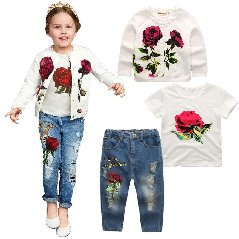 Giyim Setleri Bebek Kız Bahar Sonbahar Giysileri Seti 2022 Uzun Kollu Palto Tişört Kot 3pcs Kızlar Moda Gül Çiçeği 3-10
