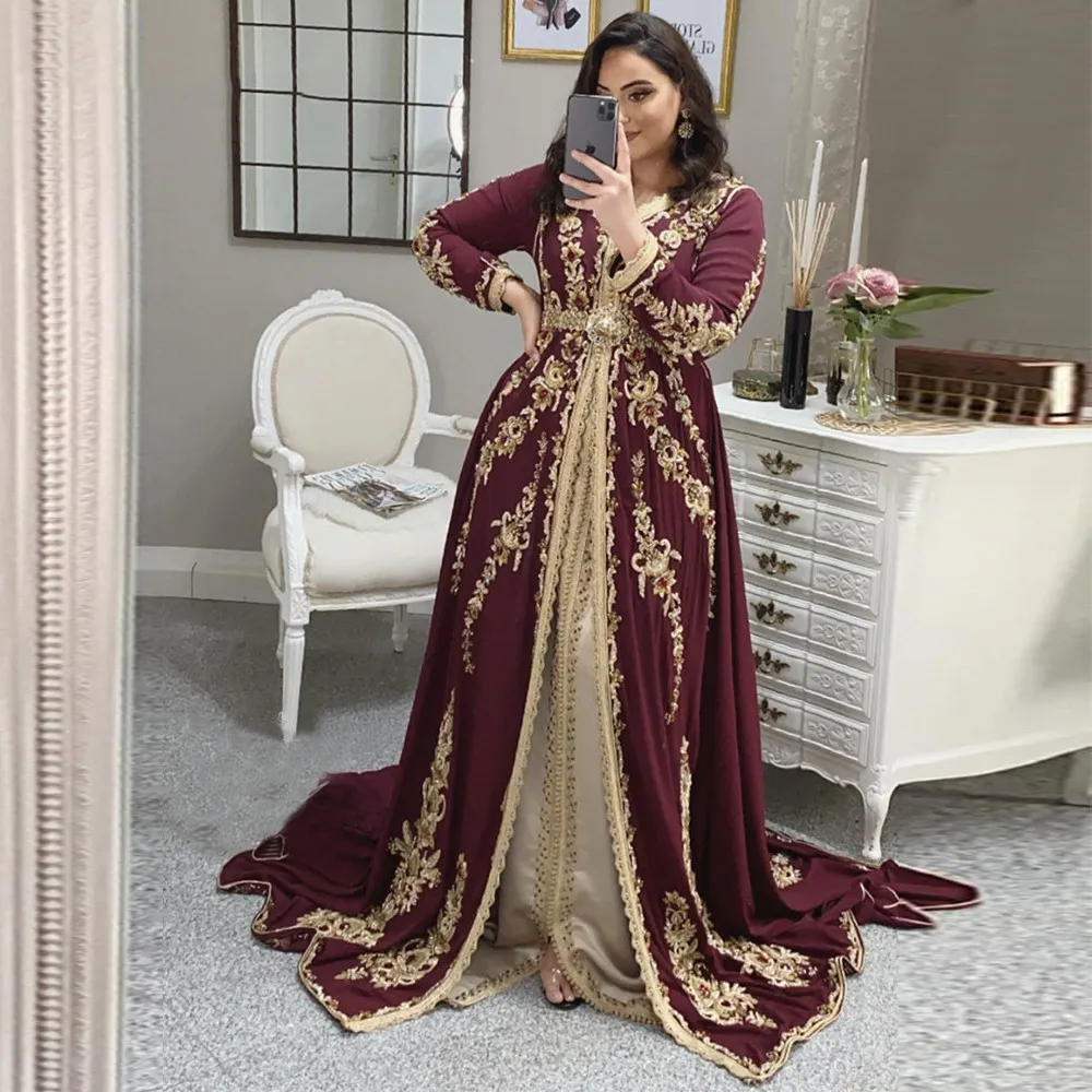 Abiti da sera caftano marocchino Ricamo bordeaux Perline Abiti da ballo per donna Abiti formali Abito caftano robe de soiree