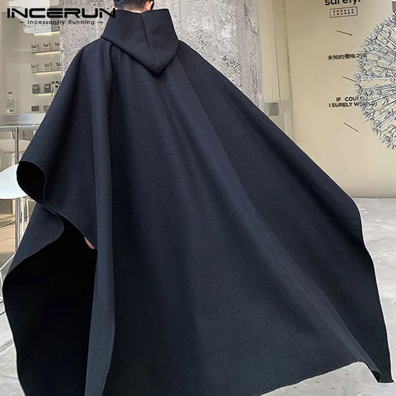 Men Cloak Coats, Hooded Cape, Solid Streetwear, Punk Style, Windproof, Long