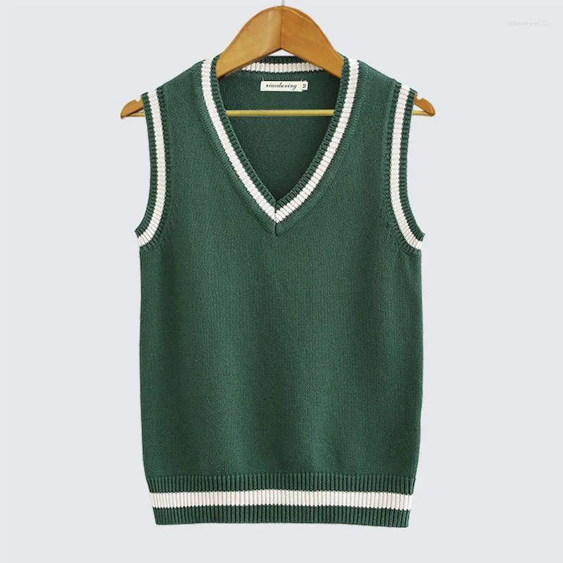 Men's Vests Harajuku British School Uniform V-Neck Vest Japanese JK Sleeveless Sweater Cotton Tops Couples Suit Green & Light Beige Stra22