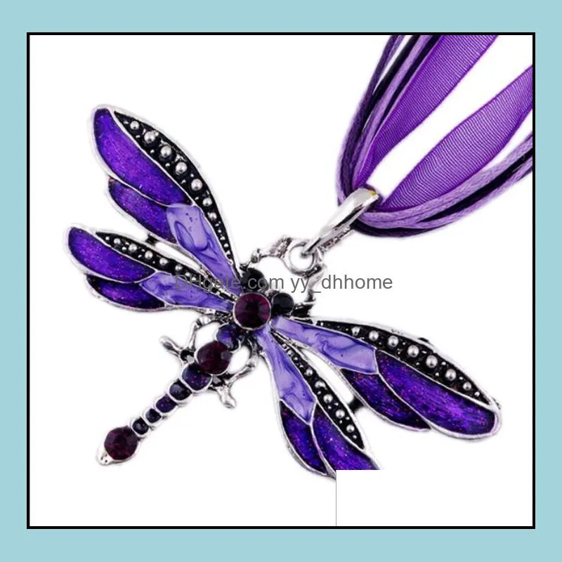 Wholesale 6 Colors Vintage Enamel Dragonfly Crystal Pendant Necklaces Organza String Necklace Necklaces fashion Jewelry DHl free ship