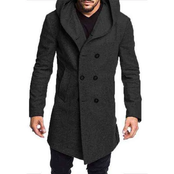 Mode Männer Mit Kapuze Langarm Winter Warme Hochwertige Wollmantel Parka Kapuzenkragen Graben Outwear Mantel Lange Jacke Peacoat Top T220810