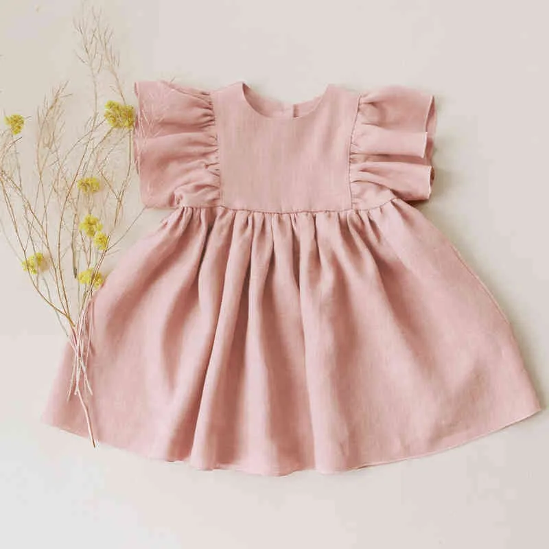 Fashion Summer Baby Girl Robes Cotton Linen Couleur solide Fête Princesse Style Robe d'anniversaire Baby Girl Clothes G220518