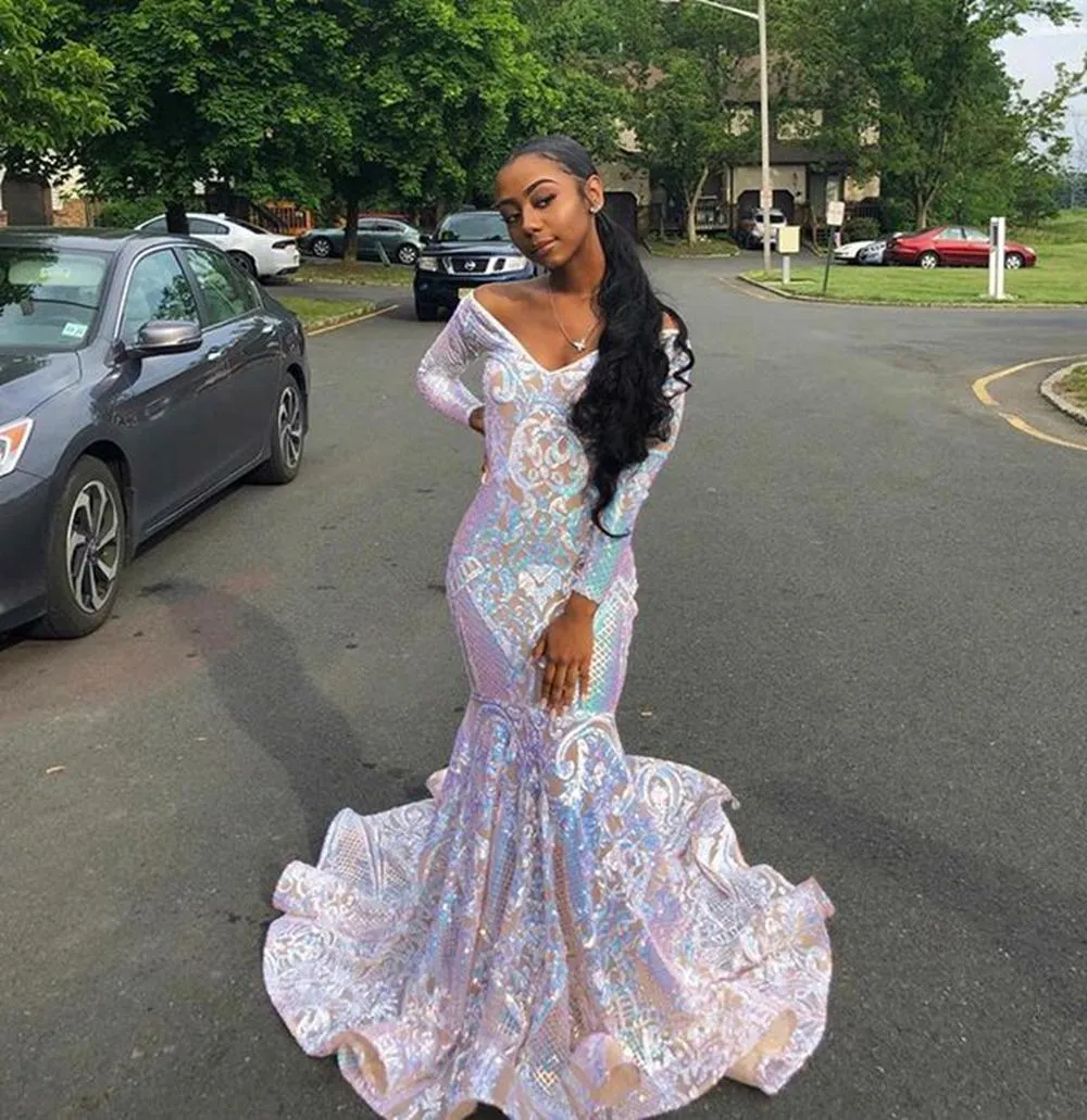 White Lace Sequins Sparkly Gala Prom Dresses 2022 Sexy Mermaid Off The Shoulder Long Sleeves African Ladies Black Girl Sequin Evening Gowns 322