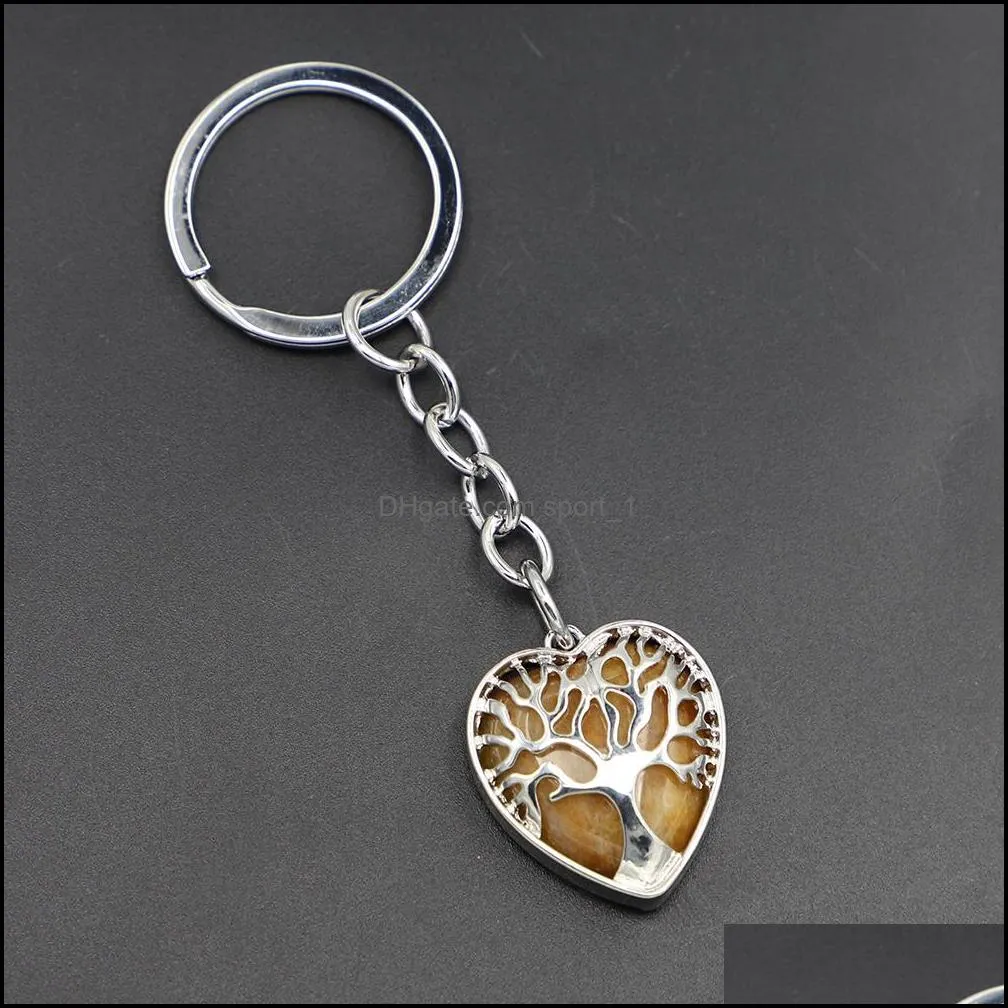 natural stone heart shaped original keychain tree of life lucky key ring car decor bag keyring reiki fashion accessories