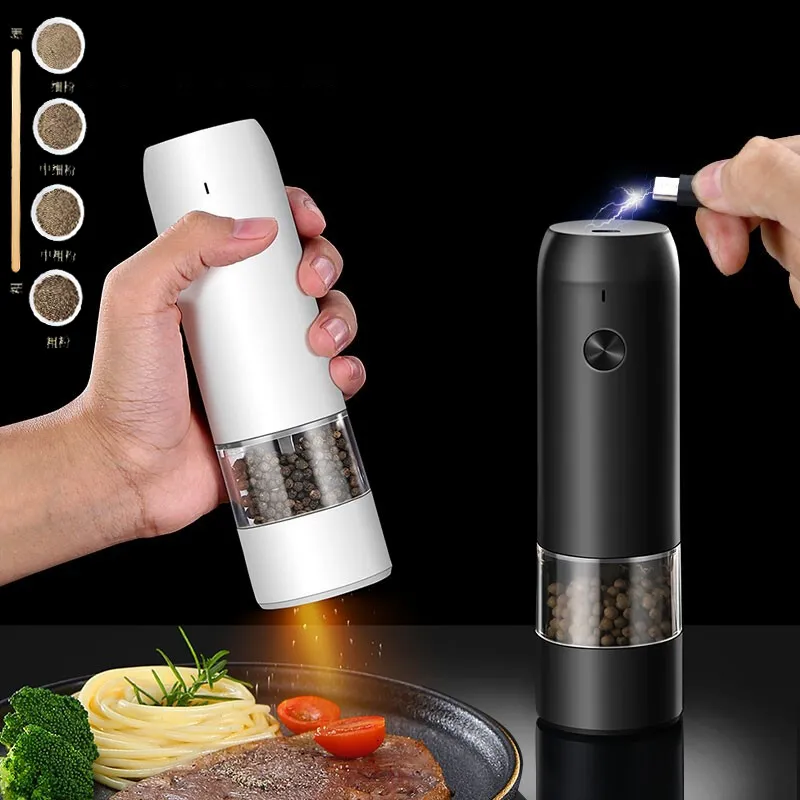 New Electric Salt Pepper Grinder USB Charge Gravity Automatic Spice Mill  With LED Light Adjustable Ceramic Shaker Kitchen Tools