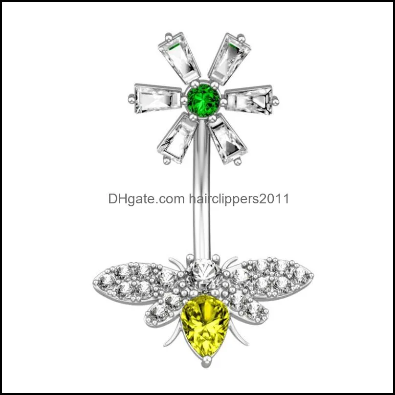 cz body piercing jewelry bee flower belly button rings 316l surgical steel navel bar with zircon