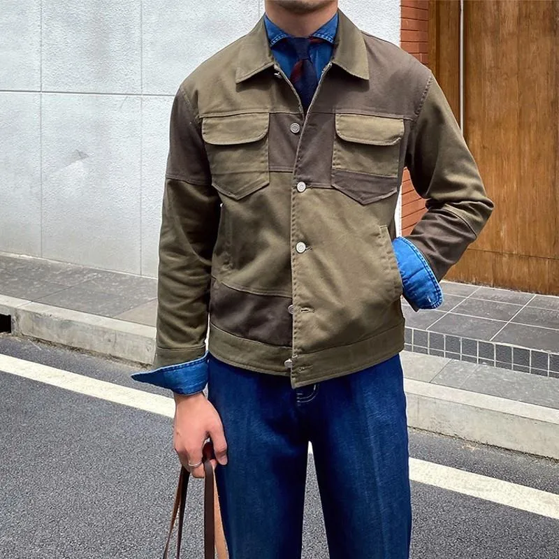 Jackets para hombres Invierno Fashion Autumn Fashion empalmado Popps de cuello giratario de collar Vintage Vintage Short Style Outerwearmen's