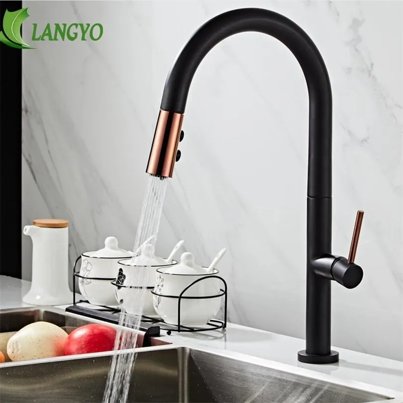 Langyo Black White Kitchen Faucet 360Sronating Blackend раковина Tap Count и горячий кухонный микшер Черный вытянутый кухонный миксер T200424