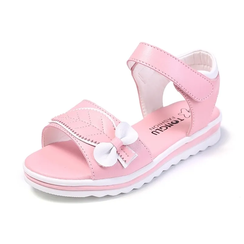 Summer Fashion Pink Bow Leaf Beach Princess Flat Shoes Baby Girl Nonslip Soft Bottom Roman Sandals 220607