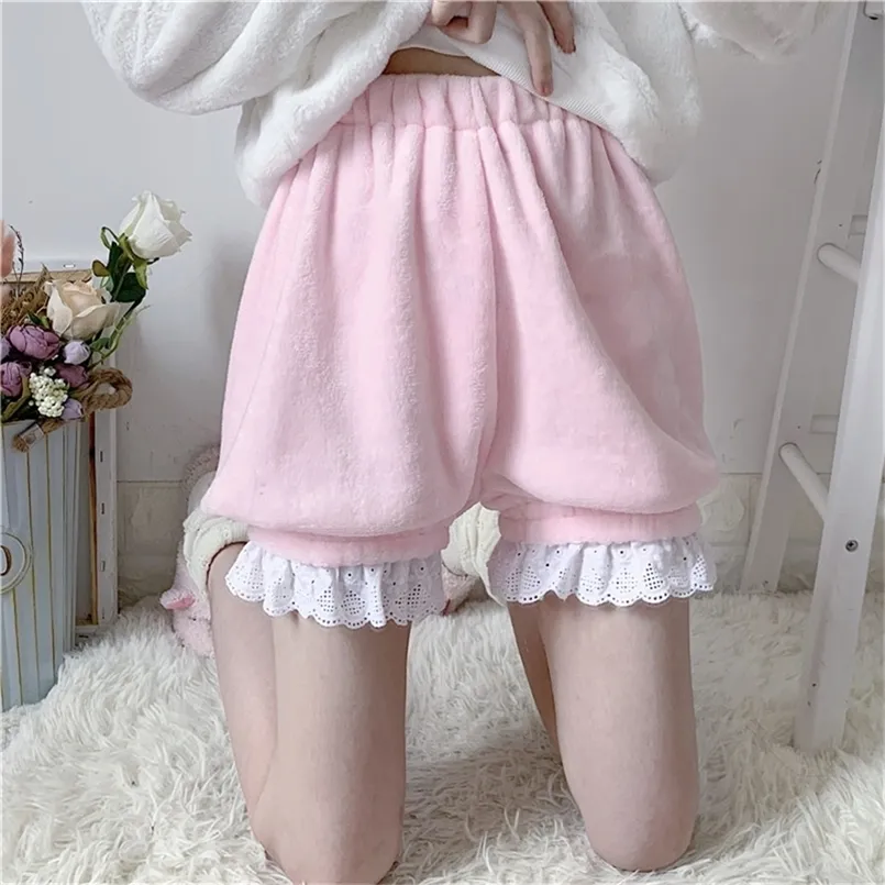 Inverno Bonito Lolita Meninas Quentes De Veludo Quente Doce Cintura Alta Cintura Mulheres Cama de Pelúcia Verão Kawaii Bloomers Shorts Rosa Branco 220419