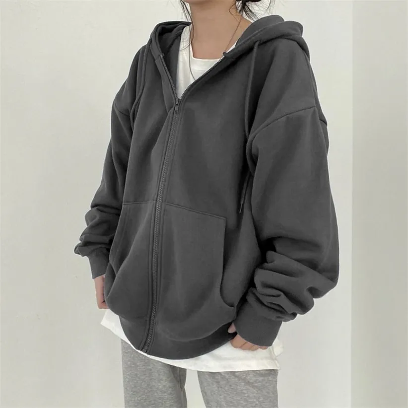 Unicolor Streetwear Grey Zip Hoodie With Long Sleeves Pockets
