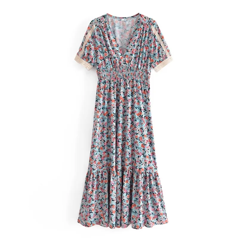 Été Vintage imprimé fleuri robe mi-longue femmes col en V à manches courtes robe femme élégante une ligne robe d'été Vestidos 220511