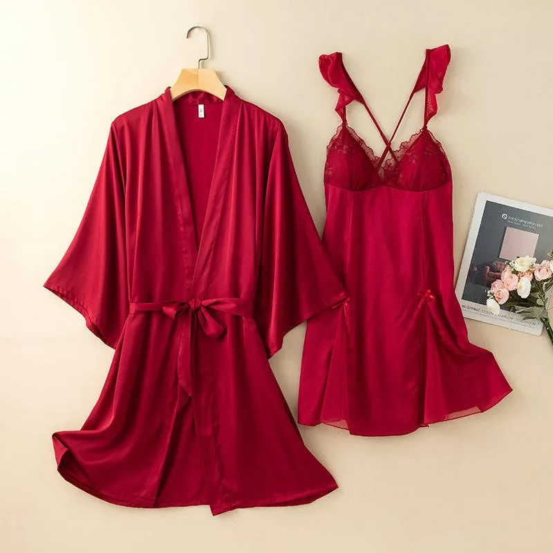 Womens Lace V Neck Satin Sleepwear Set With Intimate Straps