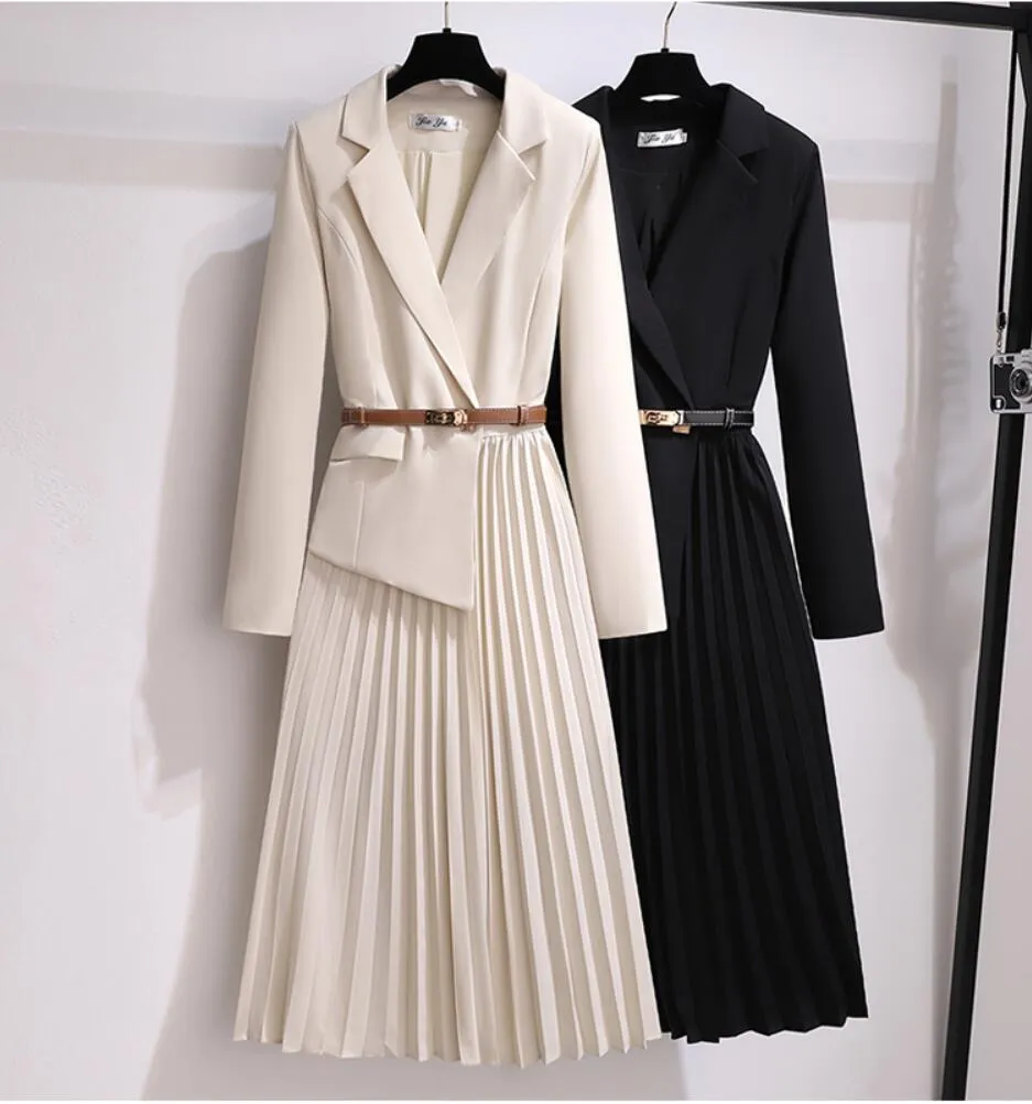 Vintage Pleated Belt Patchwork One Piece Blazer Dress Women Elegant Office Ladies Long Sleeve Notched Female Autumn Midi Vestido 295