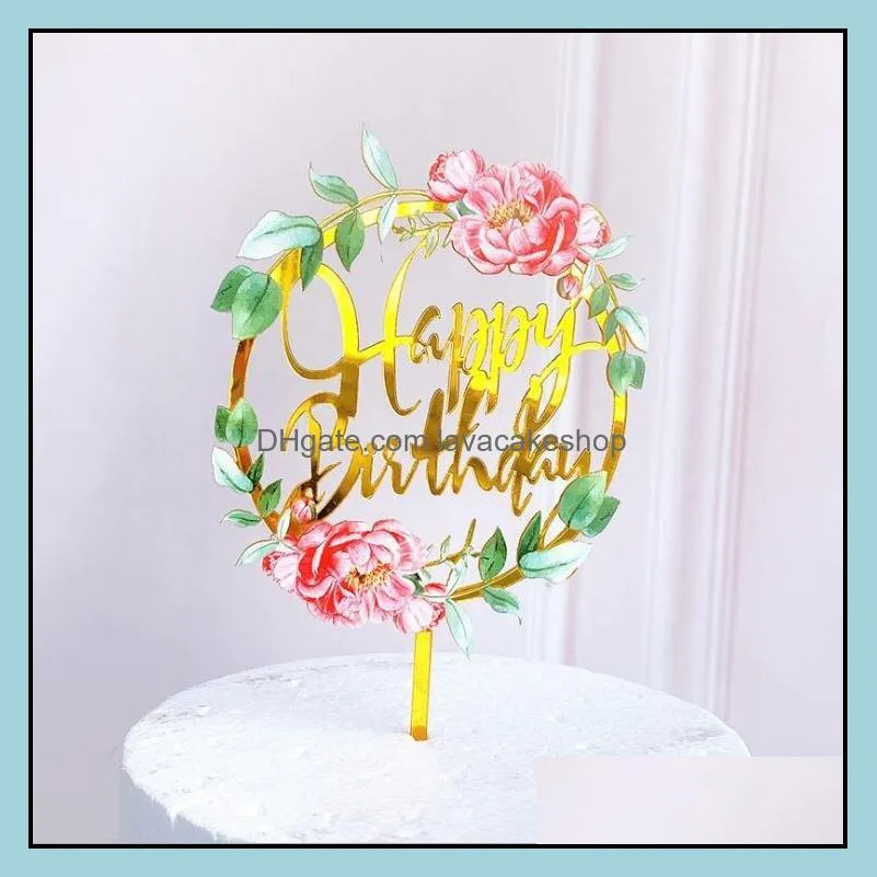 cake topper light flower happy birthday cake inserted card acrylic elegant font birthday party baking decoration supplies zyy400