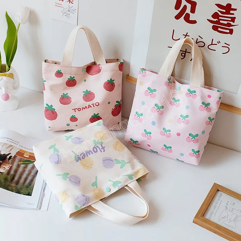 Fashion Tote Bag Women Handtassen Shopper Japanse stijl Casual grote capaciteit Leuke cartoon fruit canvas schouderlunchzakken