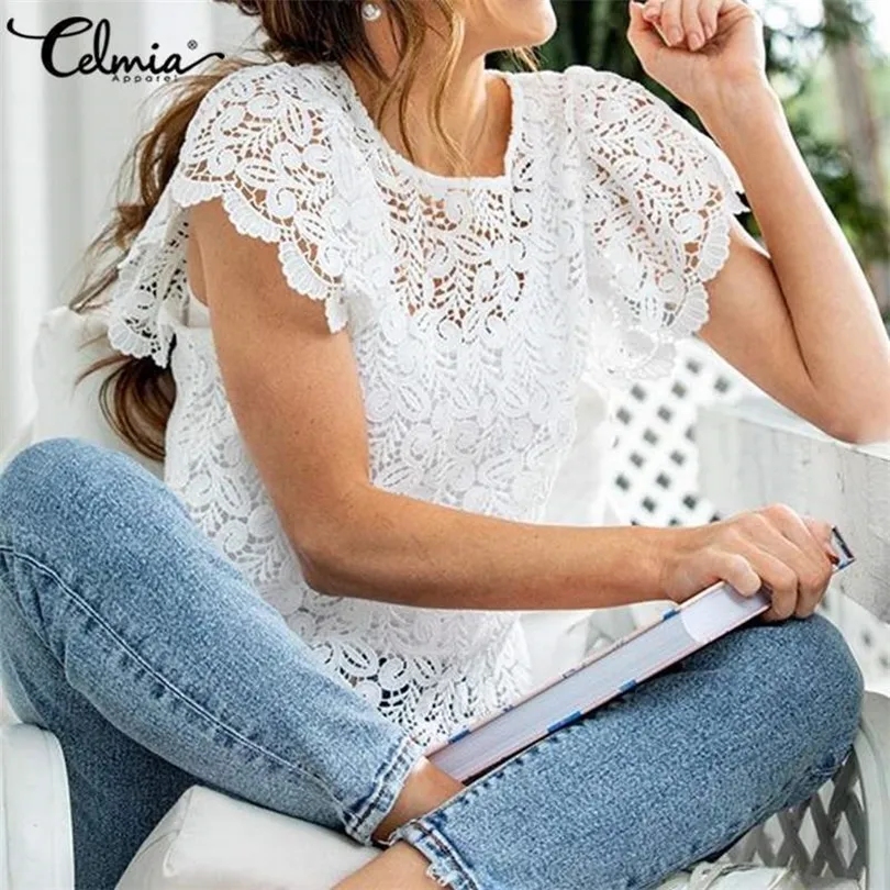 Elegant White Lace Blouse Celmia 2020 Fashion Women's Sexy Hollow Out Embroidery Shirts Short Ruffles Sleeve Summer Tops Female T200803