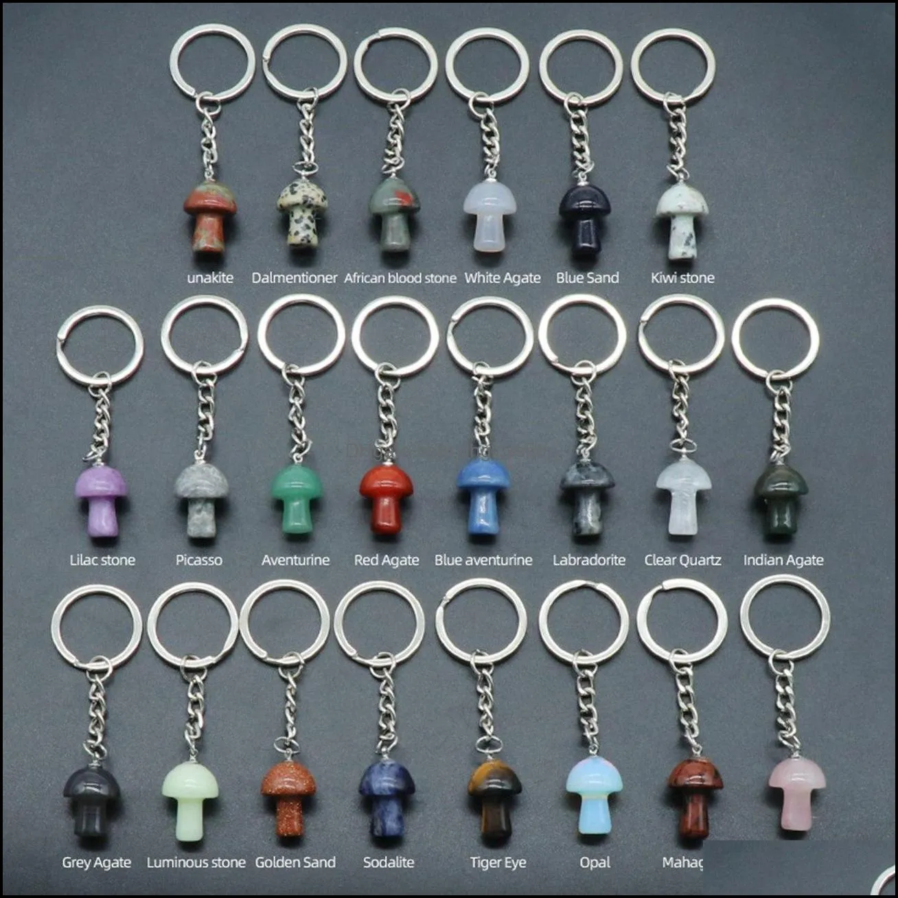 healing chakra gemstone mushroom pendant key rings for women men natural quartz crystal rock charm choker jewelry bags car keychain