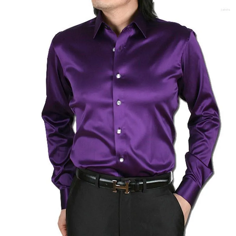 Chemises décontractées formelles violettes pour hommes Slim Fit Groom / Groomsmen Satin Dress Shirt S18 Men's