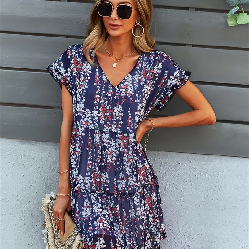 Summer Loose Floral Short Dress Women CasUAl V Neck Sleeve Ladies A Line Oversize Print Dress 220514