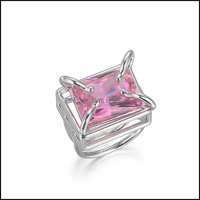 vintage colorful square crystal silver color metal open ring for women girls jewelry y2k party gifts