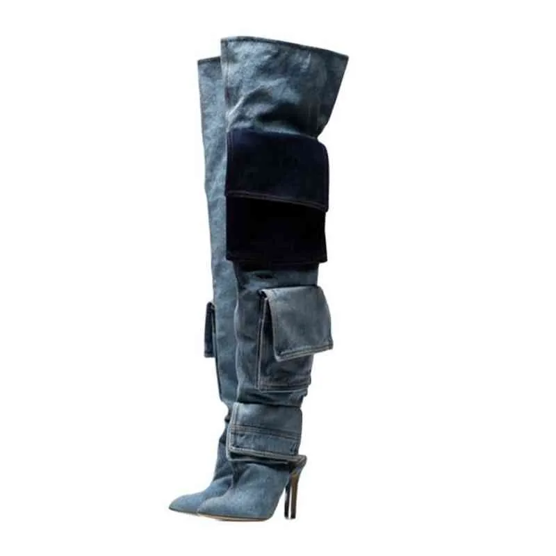 أحذية جيب الدنيم المرقعة مدببة إصبع القدم فوق الكعب العالي رقيقة في الركبة تنزلق على نساء مثير للاستقصاء في فصل الشتاء أحذية الأحذية 220514