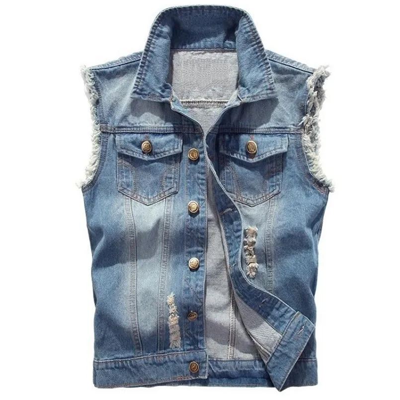 Denim Kurtka Bez Rękawów Męska Moda Ripped Bawełna Jeans Kamizelki Gilet Casual Cajts Waistcoat Cowboy Hip Hop Streetwear Odzież 220406