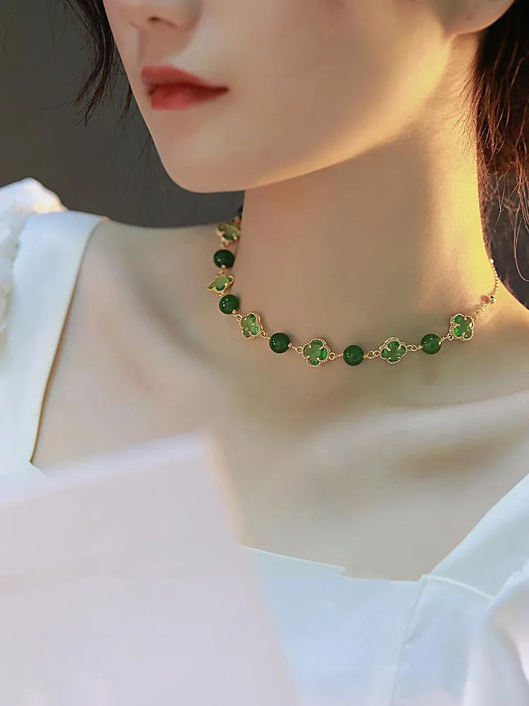 Pendant Necklaces Natural Green Chalcedony Choker Necklace Female Freshwater Pearl Light-luxury Minority Fairy Four-leaf Clover Bracelet Luc