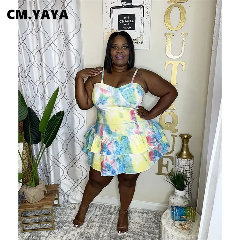 CM.YAYA Women Plus Size Dress Tie Dye Sleeveless Strap V-neck Loose Cascading Ruffle Dresses Fashion Vestidos Summer Outfits 220516