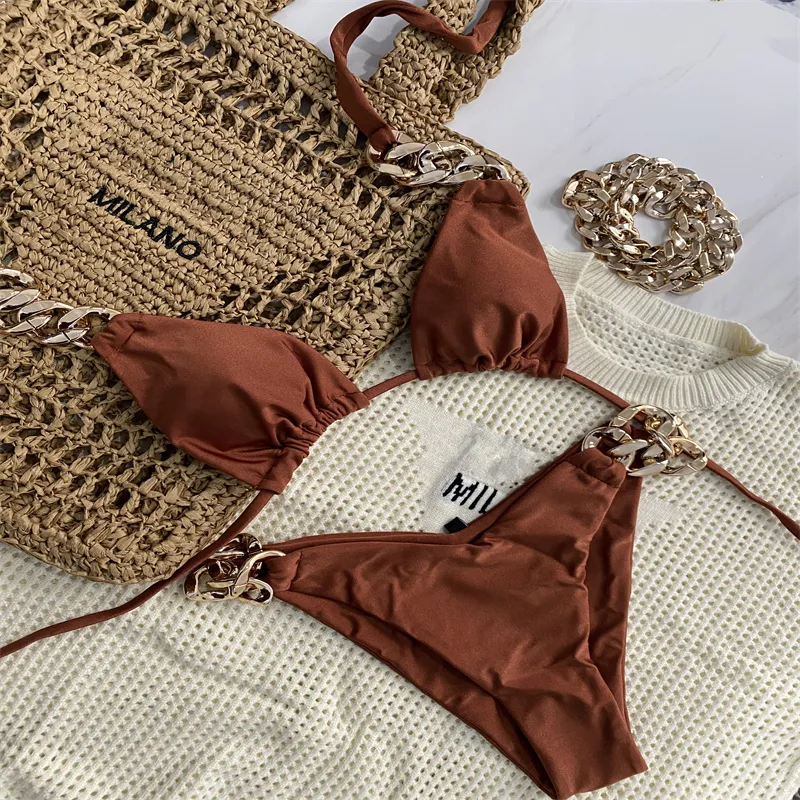 Zincir mayo bikini set katı kadın biquini biquini ped iki parçalı mayo plaj giymek için tatil mayo için 4 renk