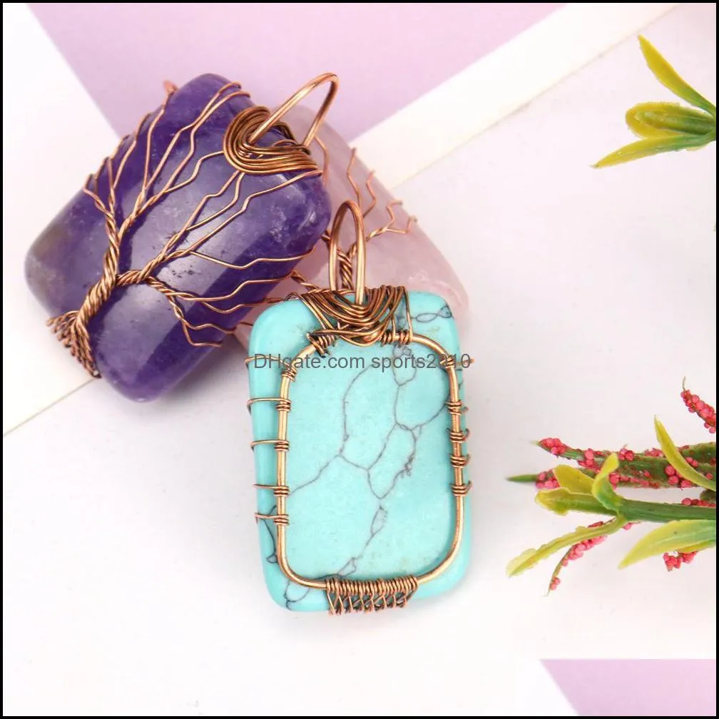 healing crystal natural stone rectangle charms necklaces twine tree of life wire wrap pendant turquoise tiger eye rose quartz wholesale jewelry
