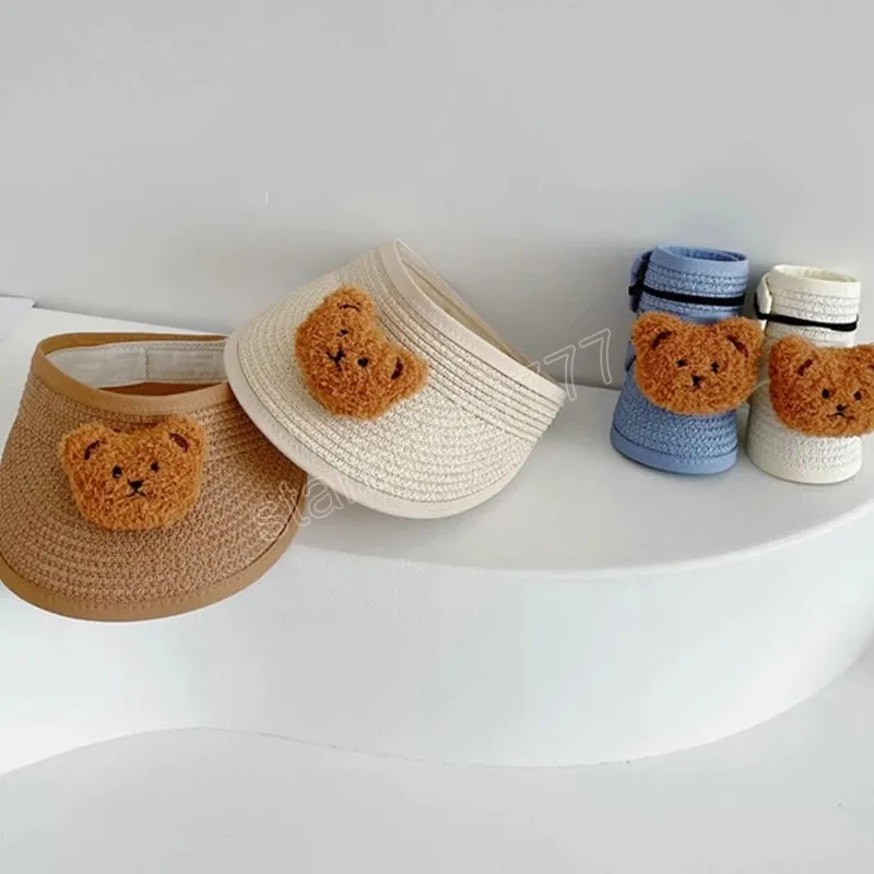 Cute Cartoon Bear Baby Straw Hat Korean Style Baby Boys Girls Empty Top Sun Hats Summer Foldable Children Bucket Cap