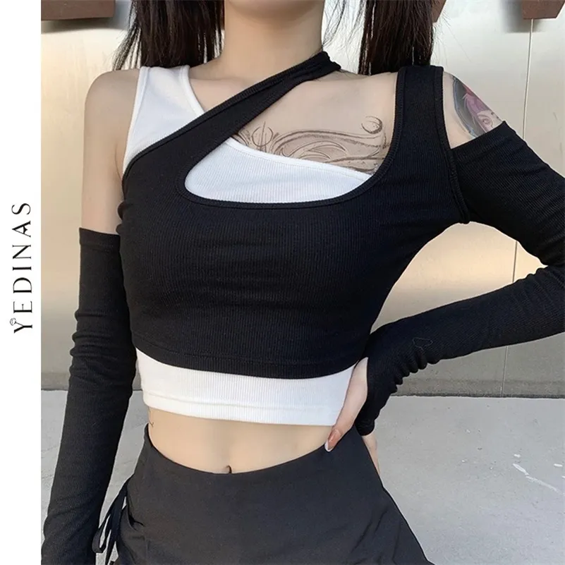 Единас панк мода черные белые лоскутные топы длинные рукава урожая женские хараджуку гранж от плеча bodycon осень 220321