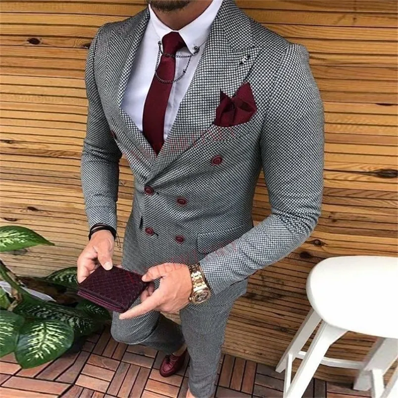 Tweed Çifte Breasted Erkek Takım Gri İnce Fit Moda Düğün Takımları Erkekler Balo Blazer Setleri Damat Smokin Sorun Pak Man 220817