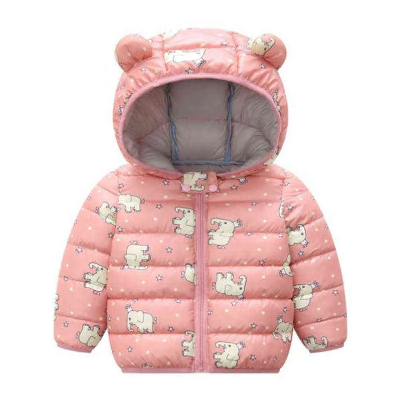 2021 New Winter Warm Down Jacket For Baby Girl Cartoon Elephant Dinosaur Thick Hooded Girls Jacket Kids Runaway Birthday Gift J220718