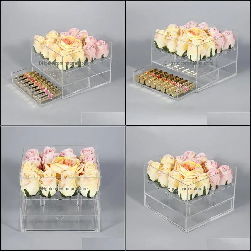 New Clear Acrylic Rose Flower Box With Drawer Makeup Organizer Valentine`s Day Wedding Gift Flower Drawer Box With Cover Wholesale
